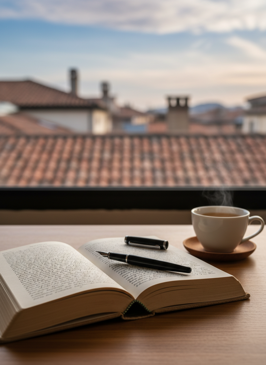 A well-worn hardcover journal with a linen cover in warm sand tones lies open on a tidy wooden desk, its creamy pages filled with small, handwritten lines that can’t be read clearly. A slim black fountain pen rests diagonally across the spine, next to a delicate porcelain cup of herbal tea. In the background, a large window reveals soft-focus city rooftops under an early morning sky. Gentle, diffused daylight washes across the scene, creating subtle reflections on the cup and pen. Photographic realism, shot at eye level with a shallow depth of field, emphasizing the journal as a private space for self-discovery. The mood is introspective, calm, and sophisticated, suggesting the quiet beginning of a reflective blog entry.