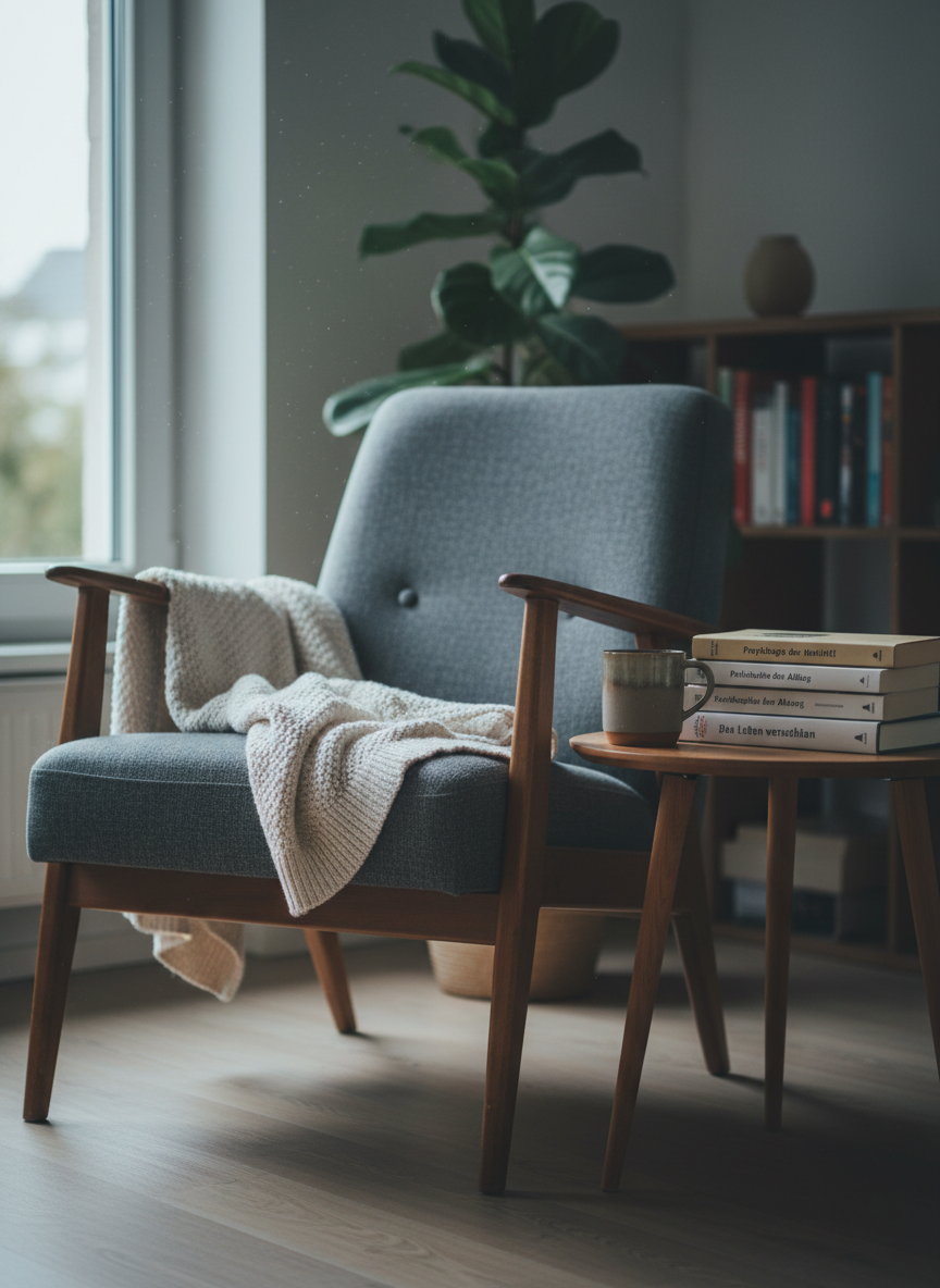 A small, carefully curated corner of a living room features a mid-century style armchair upholstered in soft, charcoal-gray fabric, draped with a light, cream-colored throw blanket. On the side table beside it, a stack of books with German titles about psychology, philosophy, and everyday life sits next to a muted ceramic mug. A large window just out of frame bathes the scene in cool, overcast daylight, creating soft shadows and a calm, reflective mood. Photographic realism, with a slightly elevated angle and shallow depth of field that keeps the chair and books in sharp focus while the rest of the room gently blurs. The atmosphere is intimate and thoughtful, evoking quiet evenings spent reflecting on identity and daily experiences.